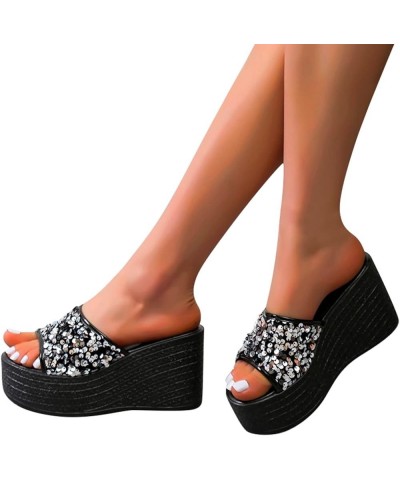 Sandals for Women Breathable Buckle Strap Shoes Mouth Flowers Rhinestone Ladies Sandals Fish Wedge Heel Women's Black 8.5 $19...