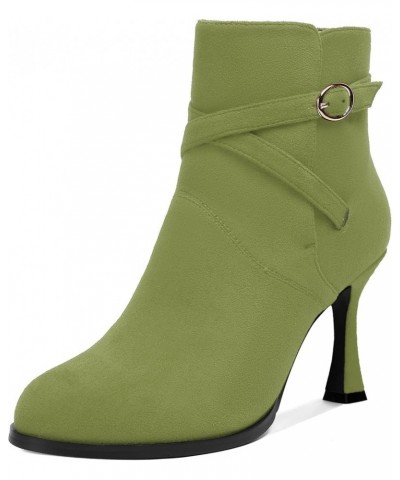 Womens Round Toe Fashion Solid Office Suede Ankle Strap Buckle Spool High Heel Ankle High Boots 3.3 Inch Olive Green $42.49 B...