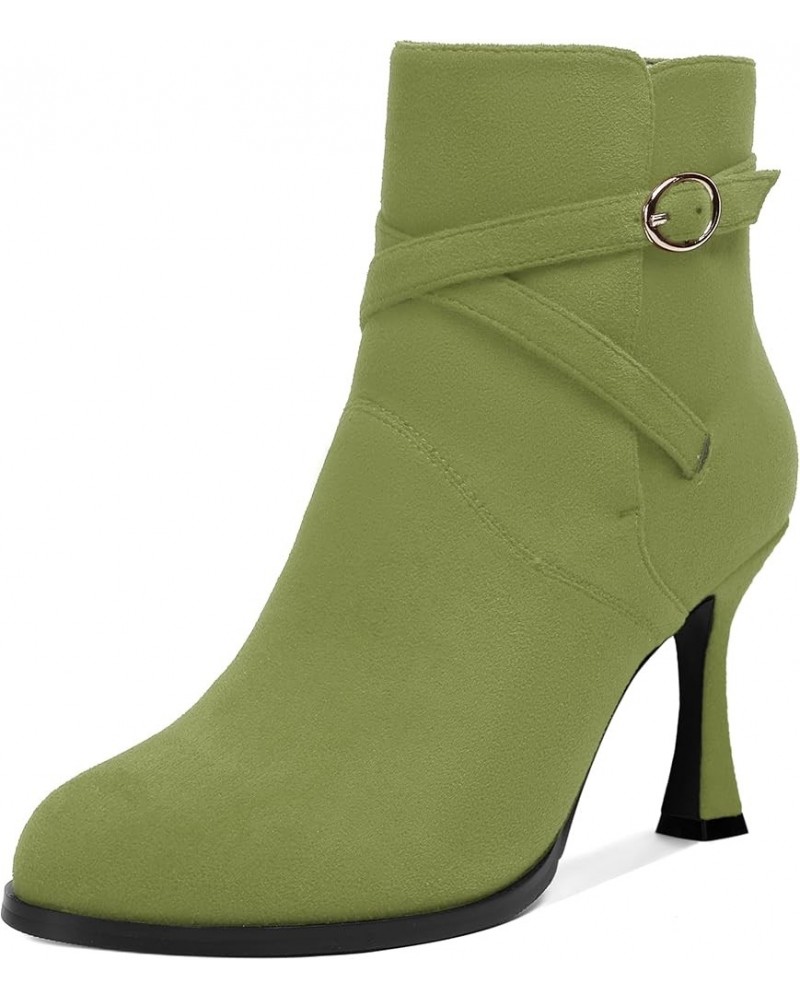 Womens Round Toe Fashion Solid Office Suede Ankle Strap Buckle Spool High Heel Ankle High Boots 3.3 Inch Olive Green $42.49 B...