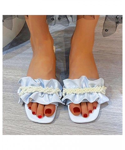 Women's Pearl Lace Sandals Breathable Square Open Toe Chunky Heel Sandals for Women Ladies Casual Slip on High Sky Blue 8 $16...