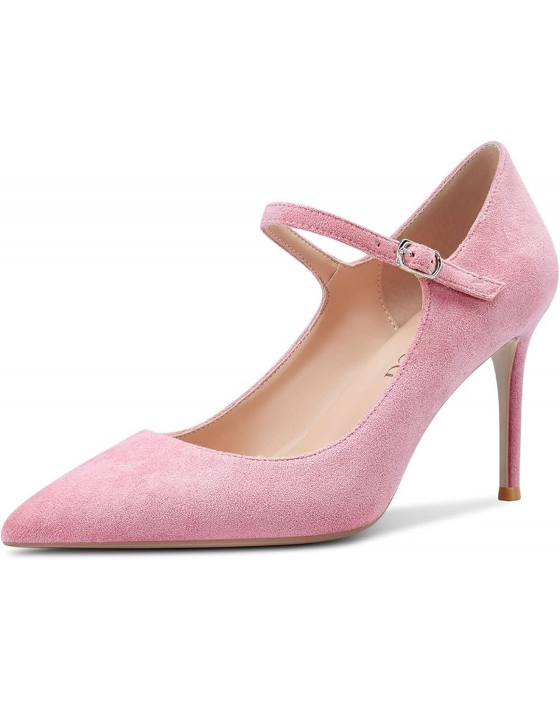 Women High Heels Pumps Pointed-Toe Mary-Jane Stiletto Pump Evening Shoes 3 Inch Heel Pink Suede $35.04 Pumps