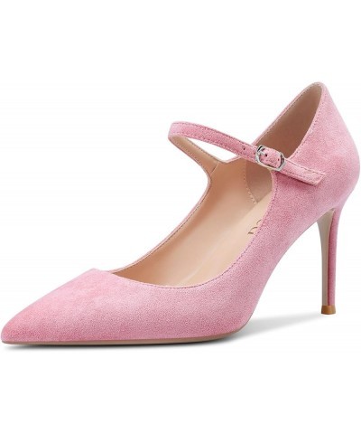 Women High Heels Pumps Pointed-Toe Mary-Jane Stiletto Pump Evening Shoes 3 Inch Heel Pink Suede $35.04 Pumps