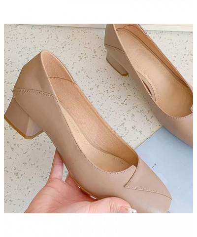 Womans Simple Closed Square Toe Non Slip Block Pump Cozy Slip-on for Ladies Office Wear Faux Leather Dress Pumps Shoes Beige ...