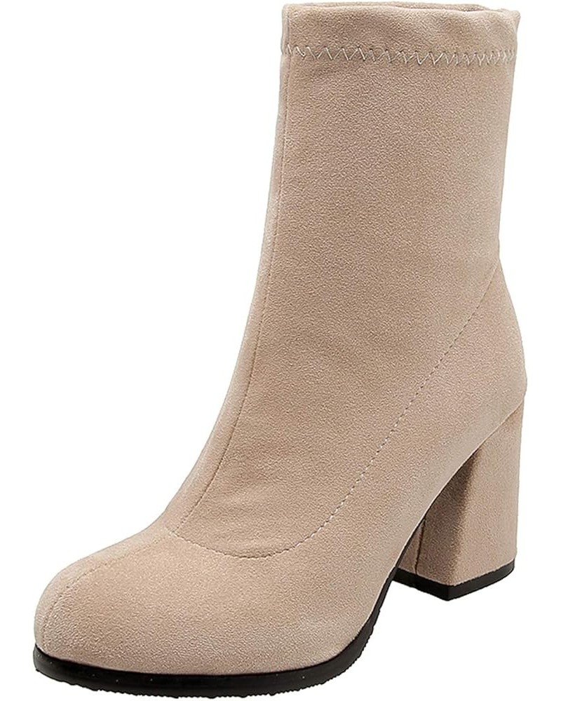 Women Block Heel Stretch Boots Women Round Toe Stretch Boots Women Evening Suede Dress Ankle Boots Beige $24.07 Boots