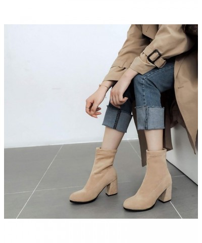 Women Block Heel Stretch Boots Women Round Toe Stretch Boots Women Evening Suede Dress Ankle Boots Beige $24.07 Boots