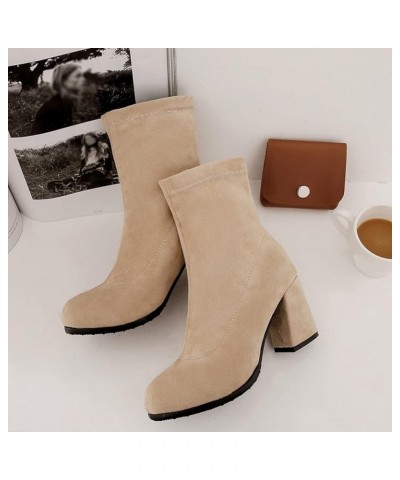 Women Block Heel Stretch Boots Women Round Toe Stretch Boots Women Evening Suede Dress Ankle Boots Beige $24.07 Boots