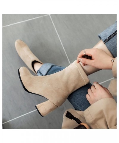 Women Block Heel Stretch Boots Women Round Toe Stretch Boots Women Evening Suede Dress Ankle Boots Beige $24.07 Boots