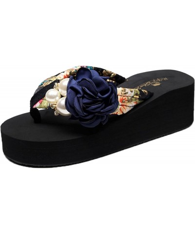 Women's Floral Platform High Heeled Wedge Flip Flop Slides Sandals Slip on Open Toe Satin Shoes for Summer Beach Black & Blue...