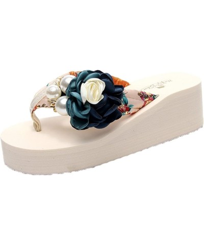 Women's Floral Platform High Heeled Wedge Flip Flop Slides Sandals Slip on Open Toe Satin Shoes for Summer Beach Black & Blue...