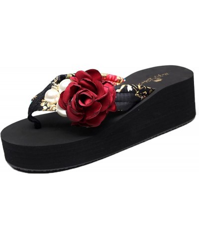 Women's Floral Platform High Heeled Wedge Flip Flop Slides Sandals Slip on Open Toe Satin Shoes for Summer Beach Black & Blue...