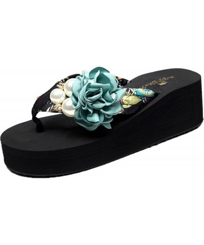 Women's Floral Platform High Heeled Wedge Flip Flop Slides Sandals Slip on Open Toe Satin Shoes for Summer Beach Black & Blue...