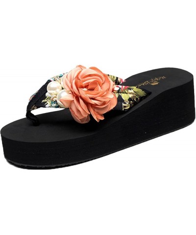 Women's Floral Platform High Heeled Wedge Flip Flop Slides Sandals Slip on Open Toe Satin Shoes for Summer Beach Black & Blue...