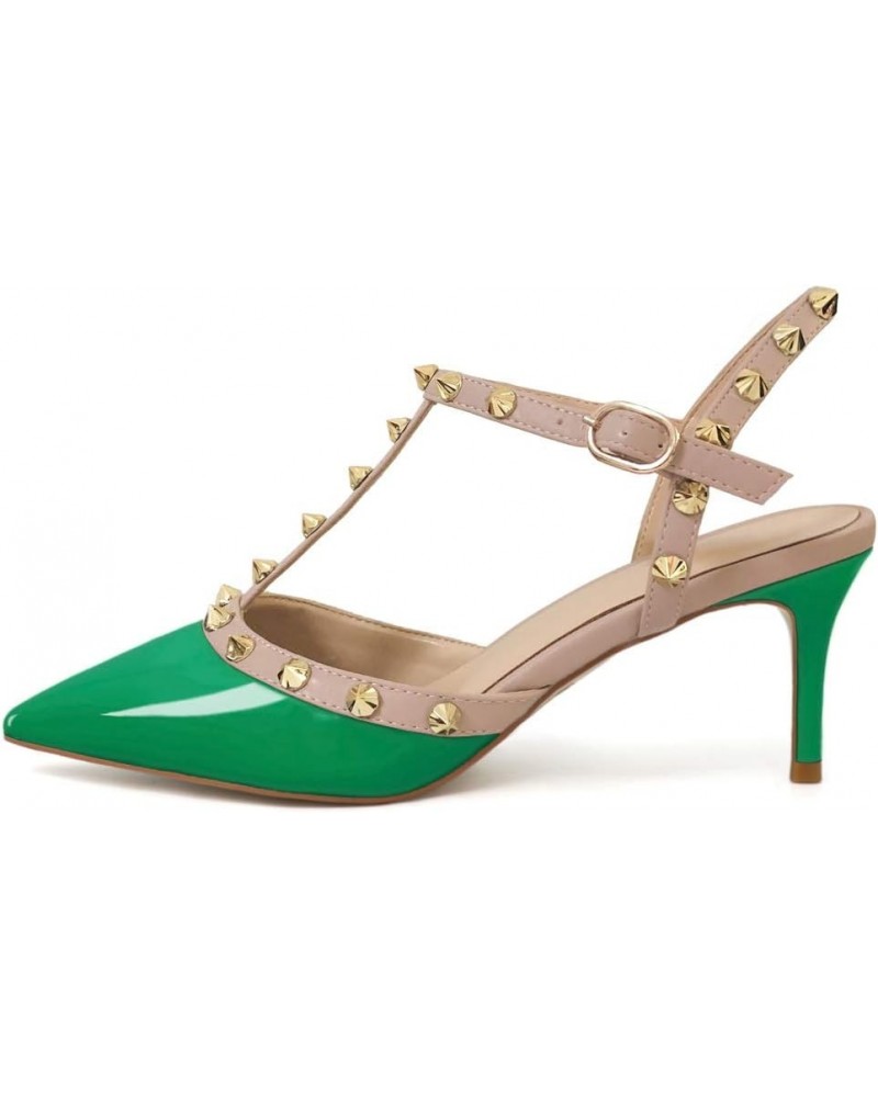 Kitten Heels Strappy Sandals for Women Slingback Pumps Closed Toe Sandals Green Patent $24.75 Sandals