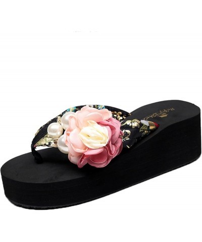 Women's Floral Platform High Heeled Wedge Flip Flop Slides Sandals Slip on Open Toe Satin Shoes for Summer Beach Black & Blue...