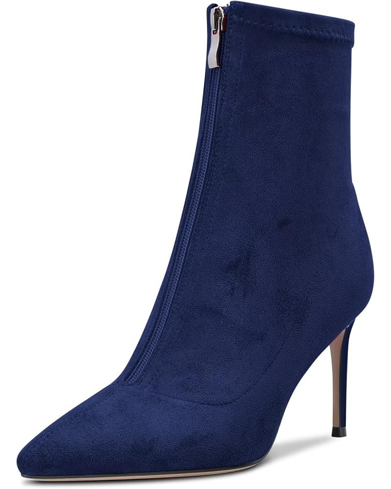 Women Stiletto High Heel Close Pointed Toe Ankle Boots Short Bootie 3.3 Inches Heels Slip-on Zipper Classic Cute Shoes Blue C...