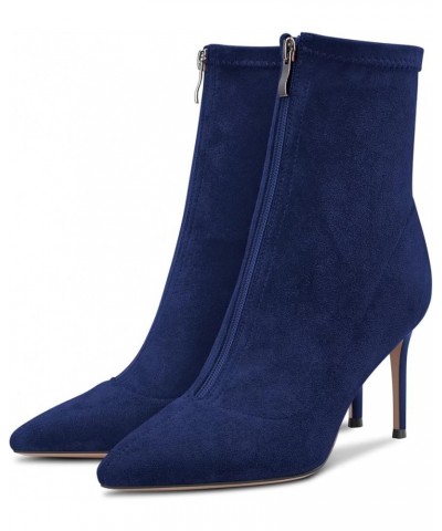 Women Stiletto High Heel Close Pointed Toe Ankle Boots Short Bootie 3.3 Inches Heels Slip-on Zipper Classic Cute Shoes Blue C...