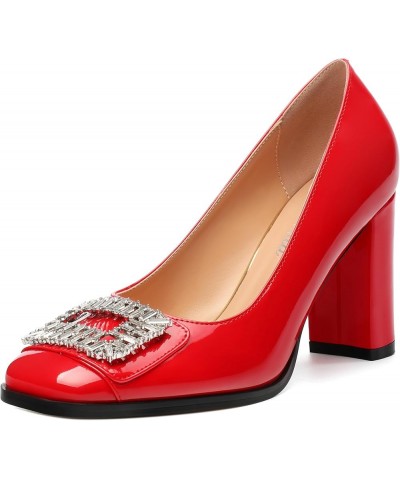 Women's Pumps, Closed Toe Heel Dress Pumps with Fashionable Square Toe and Rhinestone Embellishments for Women Red Patent $27...