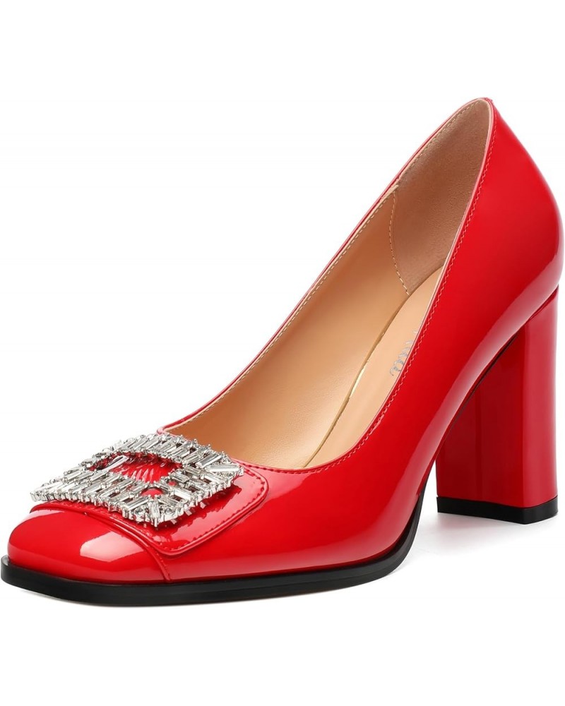 Women's Pumps, Closed Toe Heel Dress Pumps with Fashionable Square Toe and Rhinestone Embellishments for Women Red Patent $27...