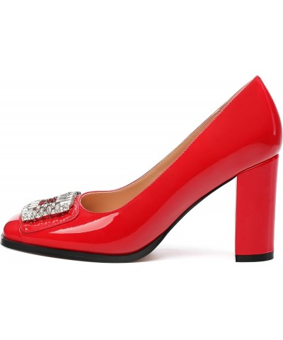 Women's Pumps, Closed Toe Heel Dress Pumps with Fashionable Square Toe and Rhinestone Embellishments for Women Red Patent $27...