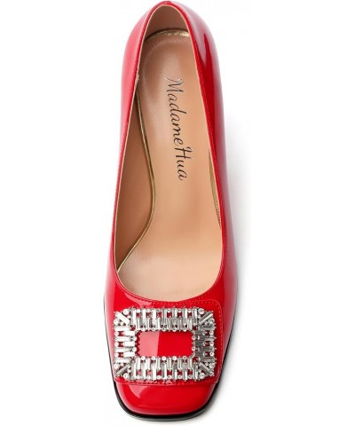 Women's Pumps, Closed Toe Heel Dress Pumps with Fashionable Square Toe and Rhinestone Embellishments for Women Red Patent $27...