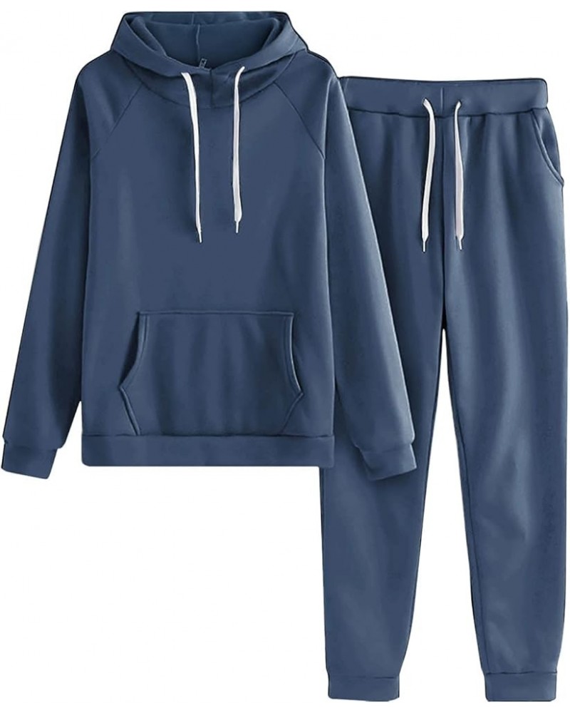 Plus Size Two Piece Outfits for Women Casual Long Sleeve Pocket Hoodies Sweatpants Matching Solid Color Loungewear Navy $20.1...