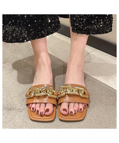 Women Large Flat Bottom Square Toe Sandals Summer Chain Decoration Solid Color Non Slip Slip On Comfortable Beach Sandals 9 B...