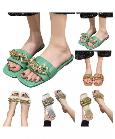 Women Large Flat Bottom Square Toe Sandals Summer Chain Decoration Solid Color Non Slip Slip On Comfortable Beach Sandals 9 B...