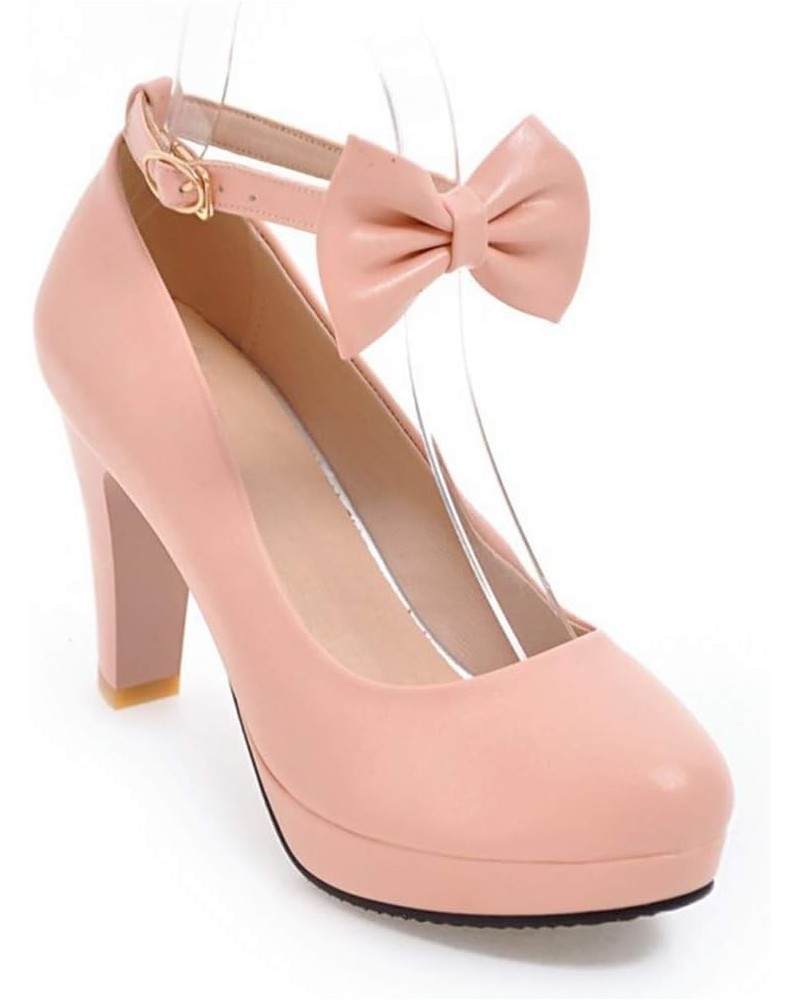 Women's Round Toe Bow Knot High Chunky Block Heel Platform Ankle Strap Pumps Wedding Dress Office Shoes Size 5-11 Pink $30.09...