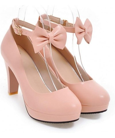 Women's Round Toe Bow Knot High Chunky Block Heel Platform Ankle Strap Pumps Wedding Dress Office Shoes Size 5-11 Pink $30.09...