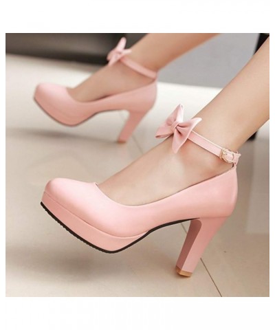 Women's Round Toe Bow Knot High Chunky Block Heel Platform Ankle Strap Pumps Wedding Dress Office Shoes Size 5-11 Pink $30.09...