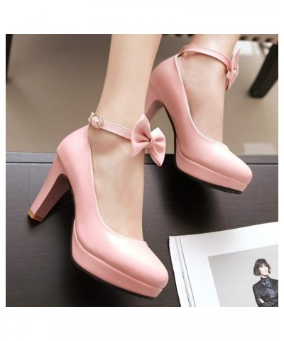 Women's Round Toe Bow Knot High Chunky Block Heel Platform Ankle Strap Pumps Wedding Dress Office Shoes Size 5-11 Pink $30.09...