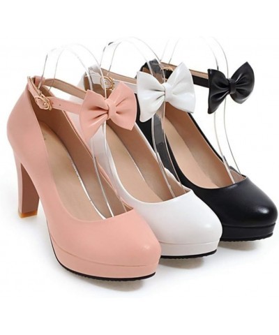 Women's Round Toe Bow Knot High Chunky Block Heel Platform Ankle Strap Pumps Wedding Dress Office Shoes Size 5-11 Pink $30.09...