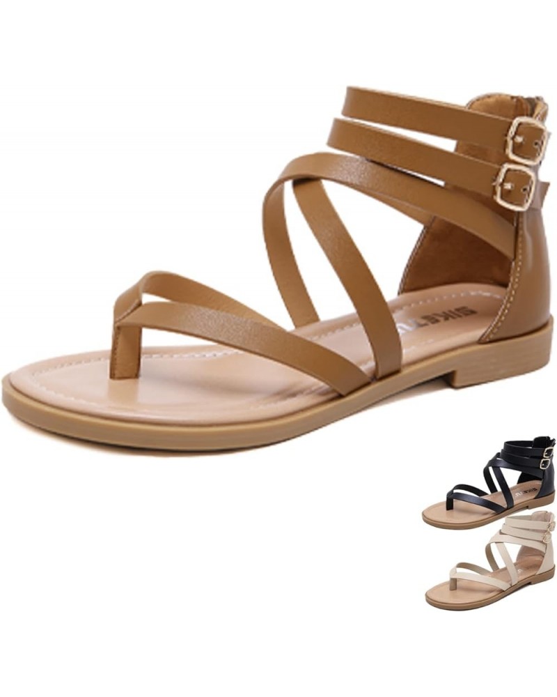 Women's Peep Toe Pinch Gladiator Flat Sandals Summers Cross Strap Flip Flop with Buckle Back Zipper Roman Sandals Brown $16.8...