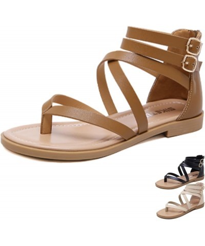 Women's Peep Toe Pinch Gladiator Flat Sandals Summers Cross Strap Flip Flop with Buckle Back Zipper Roman Sandals Brown $16.8...