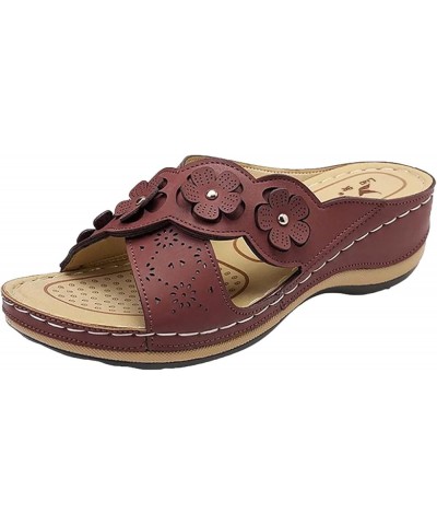 Women'S Wedged Sandals, Thick Soled Slip On Sandals Dressy Summer Comfortable Casual Sandals Flower Hollowed Out D-brown $15....