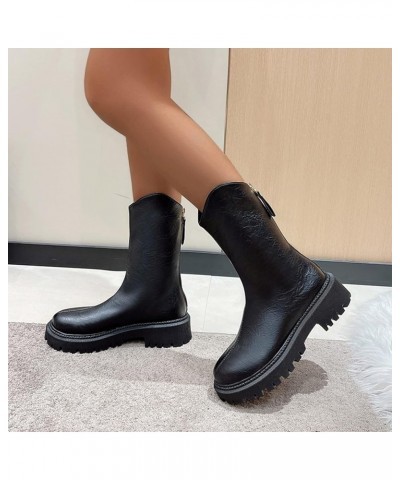 Womens Leather Back Zipper Boots, Lug Sole Ankle Bootie Winter Women Fashion Low Heel Leather Booties Casual Shoes Black $18....