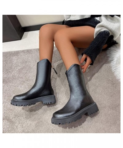 Womens Leather Back Zipper Boots, Lug Sole Ankle Bootie Winter Women Fashion Low Heel Leather Booties Casual Shoes Black $18....