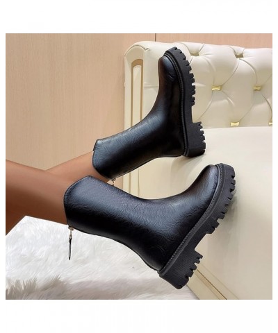 Womens Leather Back Zipper Boots, Lug Sole Ankle Bootie Winter Women Fashion Low Heel Leather Booties Casual Shoes Black $18....