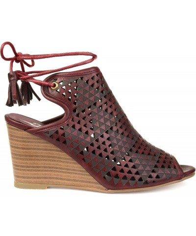 Brinley Co. Womens Talbot Faux Leather Laser-cut Peep-toe Ankle Wrap Wedges Wine $15.36 Sandals