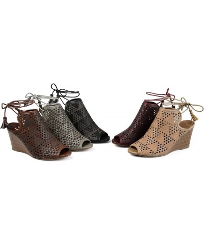 Brinley Co. Womens Talbot Faux Leather Laser-cut Peep-toe Ankle Wrap Wedges Wine $15.36 Sandals