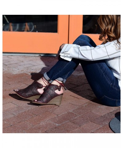 Brinley Co. Womens Talbot Faux Leather Laser-cut Peep-toe Ankle Wrap Wedges Wine $15.36 Sandals