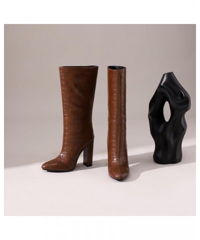 Women Block Heel Mid Calf Boots, Evening Boots Pointed Toe High Heel Long Boots Slip On, Size 3.5-10 Brown-2 $42.04 Boots