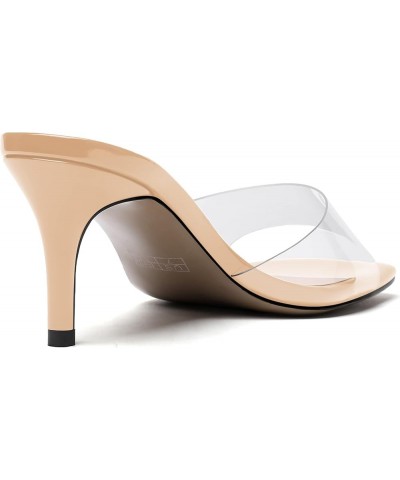 Women's Square Toe Clear Dating Slip On Pvc Solid Open Toe Fashion Stiletto Mid Heel Heeled Sandals 2.5 Inch Beige $29.99 San...