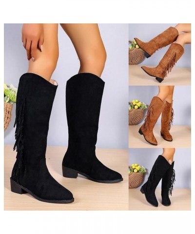 Women's Fringes Knee High Boot,Western Fringe Boots for Women Pull On Pointed Toe Chunky Block Low Heel Cowgirls Cowboy Boots...