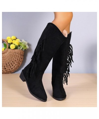 Women's Fringes Knee High Boot,Western Fringe Boots for Women Pull On Pointed Toe Chunky Block Low Heel Cowgirls Cowboy Boots...