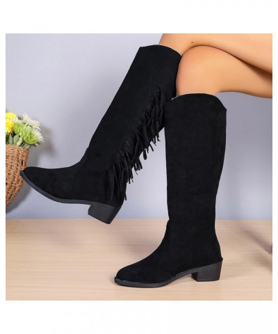 Women's Fringes Knee High Boot,Western Fringe Boots for Women Pull On Pointed Toe Chunky Block Low Heel Cowgirls Cowboy Boots...