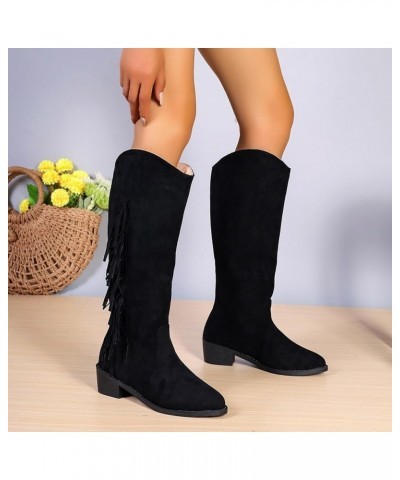 Women's Fringes Knee High Boot,Western Fringe Boots for Women Pull On Pointed Toe Chunky Block Low Heel Cowgirls Cowboy Boots...