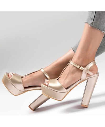 Women's Sandals Ladies Fashion Summer Solid Color Leather Open Toe Buckle Thick High Heeled Sandals Gold $24.19 Sandals