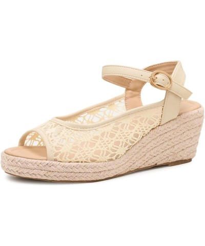 Wedge Heel Cut-Out Vamp Peep Toe Slingback Women's Sandals Mesh Beige $27.35 Sandals