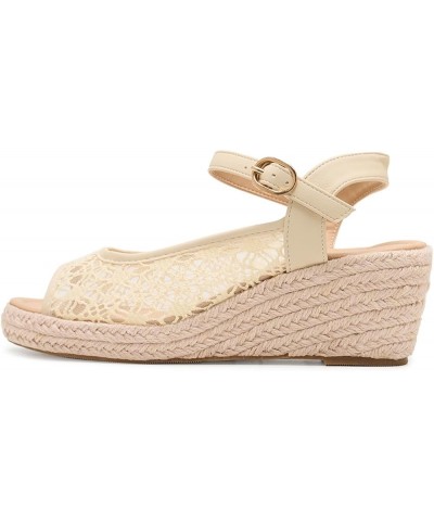 Wedge Heel Cut-Out Vamp Peep Toe Slingback Women's Sandals Mesh Beige $27.35 Sandals